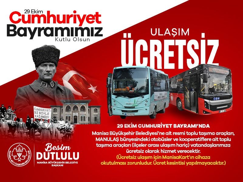Cumhuriyet Bayramı’nda Toplu Taşıma Gün Boyu Ücretsiz Olacak